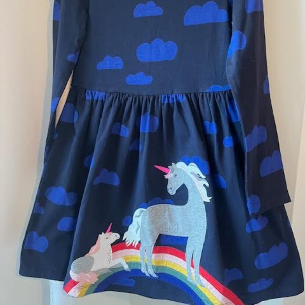 Mini Boden long sleeve applique navy unicorn dress